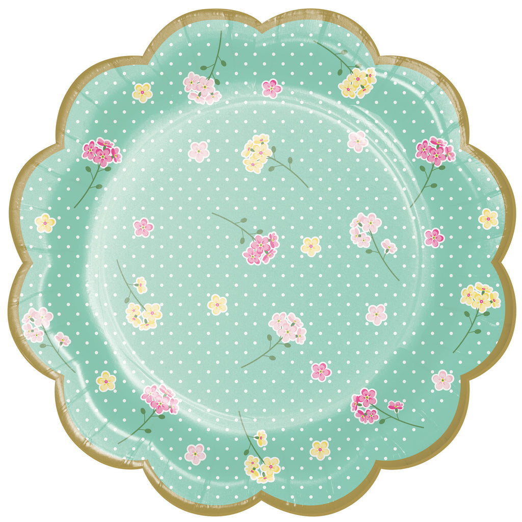 plato estampado flores rosa y amarillas con fondo verde