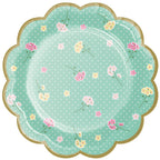 plato estampado flores rosa y amarillas con fondo verde