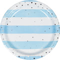 Plato de cartón azul y blanco con puntos plateados del Kit Baby Shower Niño ExpertiBox. Ideal para decoración de fiesta temática infantil.