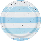 Plato de cartón azul y blanco con puntos plateados del Kit Baby Shower Niño ExpertiBox. Ideal para decoración de fiesta temática infantil.