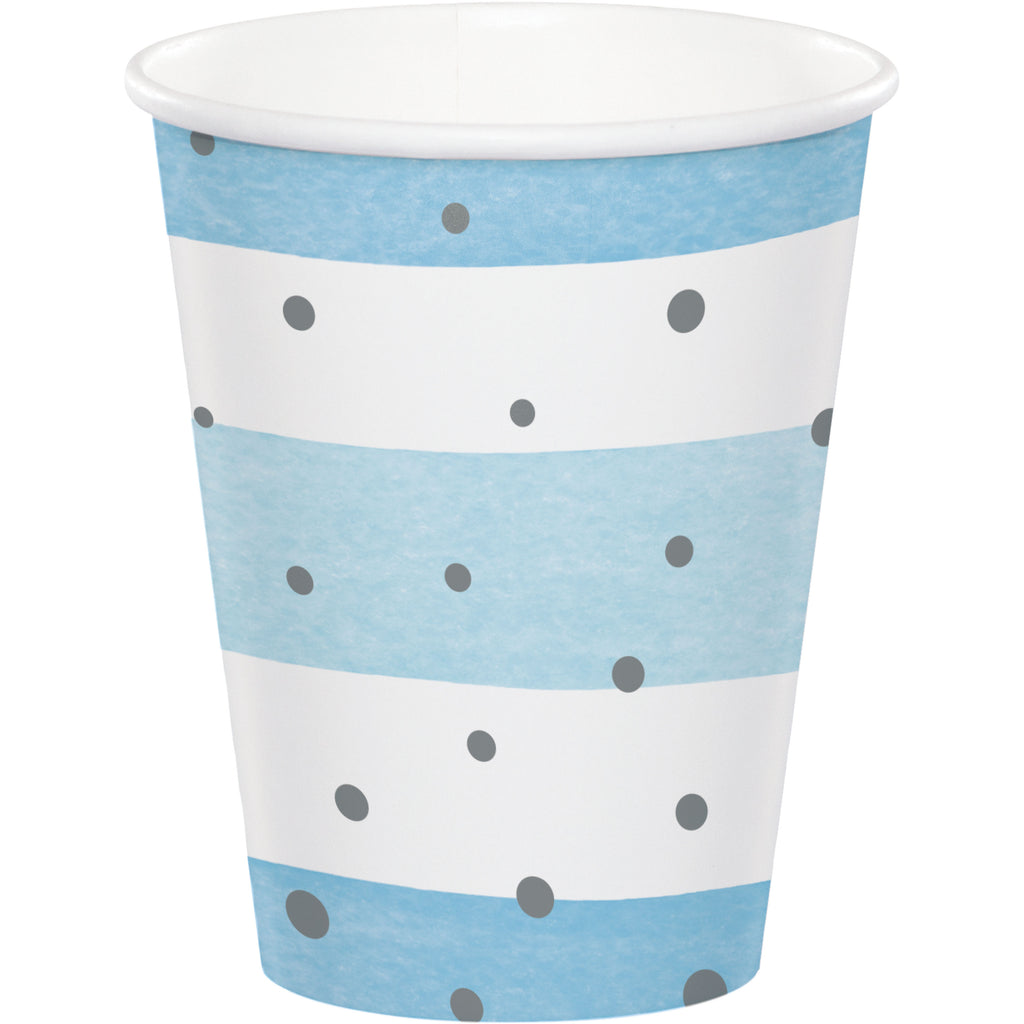 Vaso de papel del Kit Baby Shower Niño ExpertiBox con diseño azul y blanco a rayas y puntos grises. Parte de la vajilla para 8 invitados.