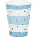 Vaso de papel del Kit Baby Shower Niño ExpertiBox con diseño azul y blanco a rayas y puntos grises. Parte de la vajilla para 8 invitados.