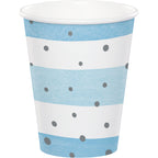 Vaso de papel del Kit Baby Shower Niño ExpertiBox con diseño azul y blanco a rayas y puntos grises. Parte de la vajilla para 8 invitados.