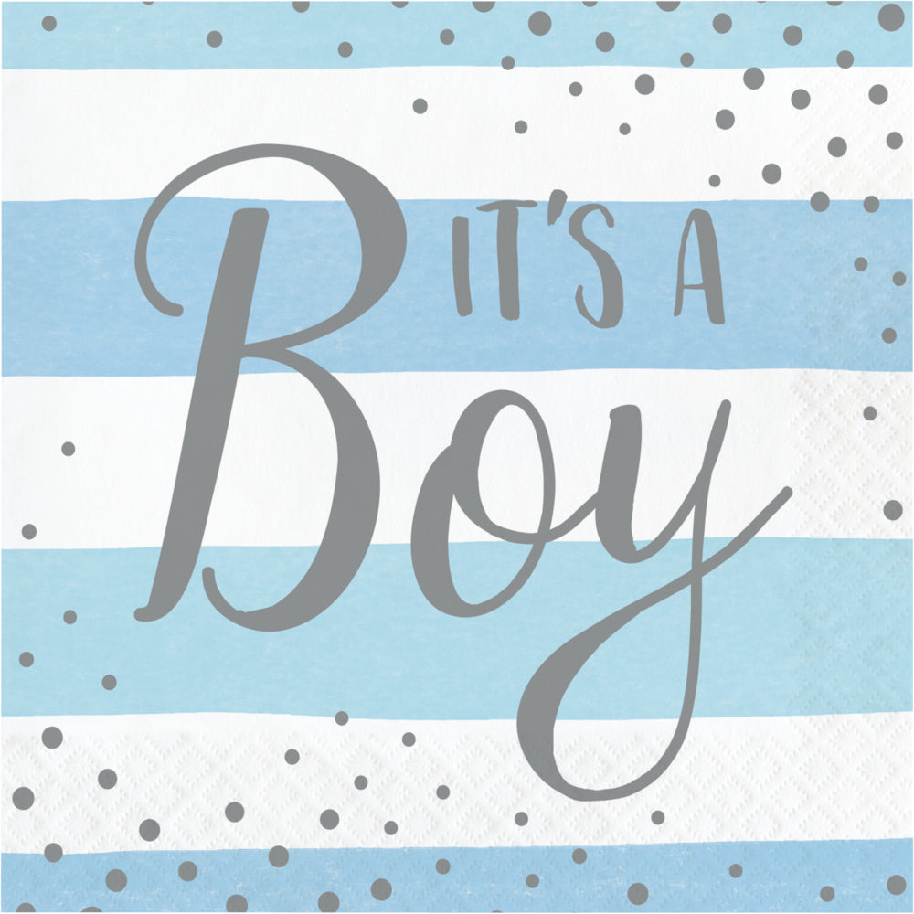 Servilleta decorativa del Kit Baby Shower Niño ExpertiBox con diseño de rayas azul y blanco, texto 'It's a Boy' y puntos grises. Ideal para fiestas temáticas.