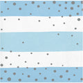 Servilleta pequeña azul con rayas blancas y puntos plateados, paquete de 16 unidades. Ideal para decoración de fiestas y celebraciones elegantes.