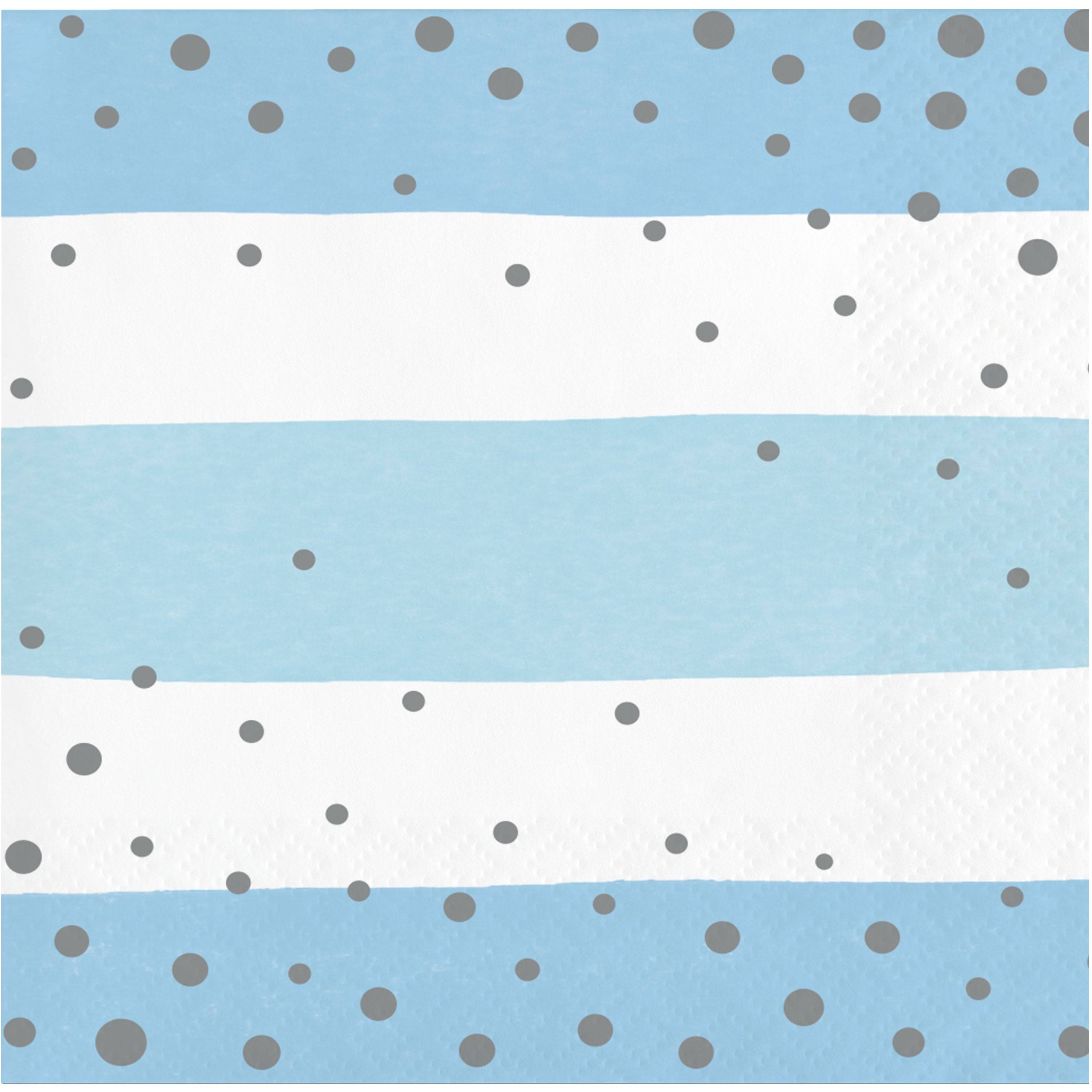 Servilleta pequeña azul con rayas blancas y puntos plateados, paquete de 16 unidades. Ideal para decoración de fiestas y celebraciones elegantes.
