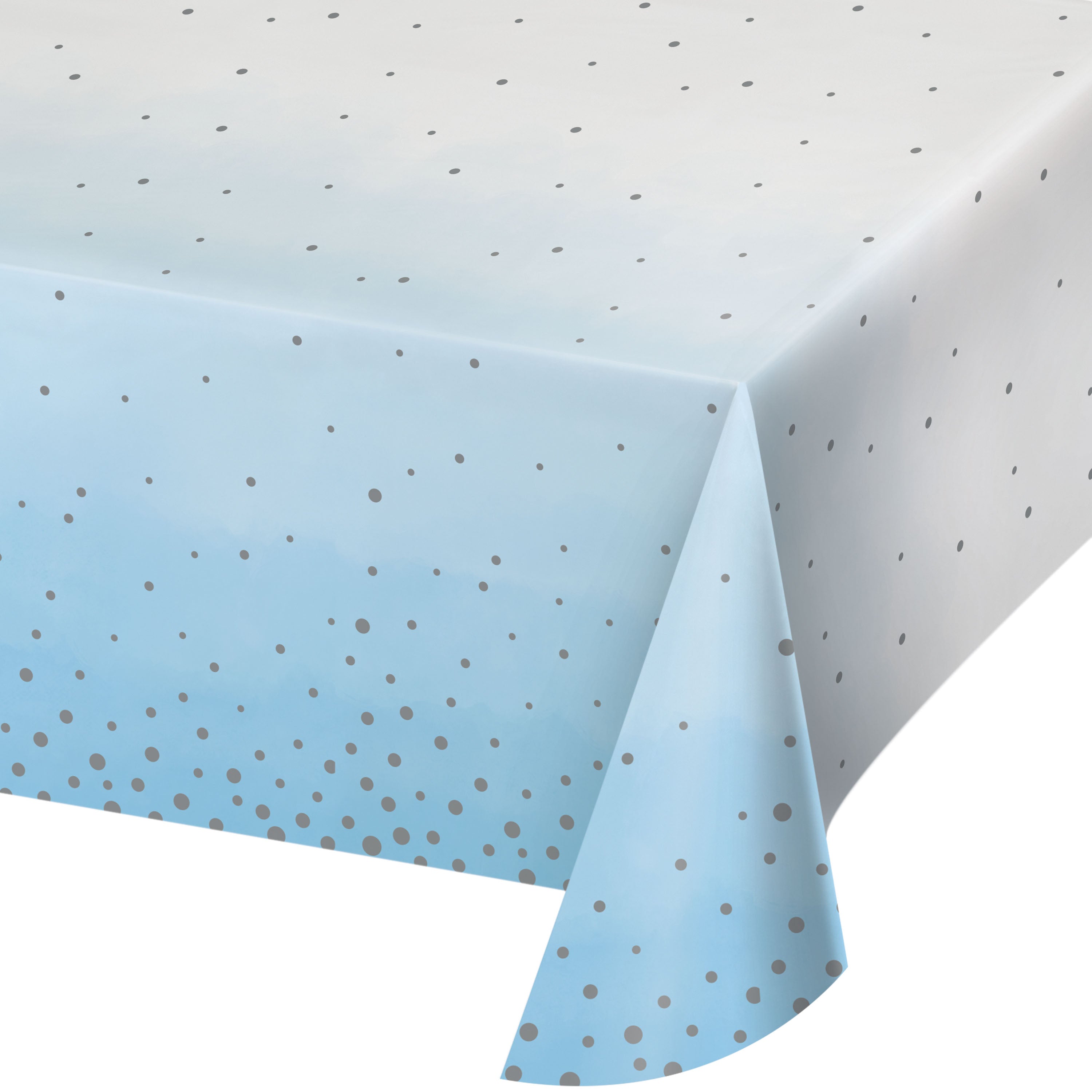 Mantel azul con puntos plateados del Kit Baby Shower Niño ExpertiBox. Ideal para decorar mesas en fiestas temáticas infantiles con estilo elegante.