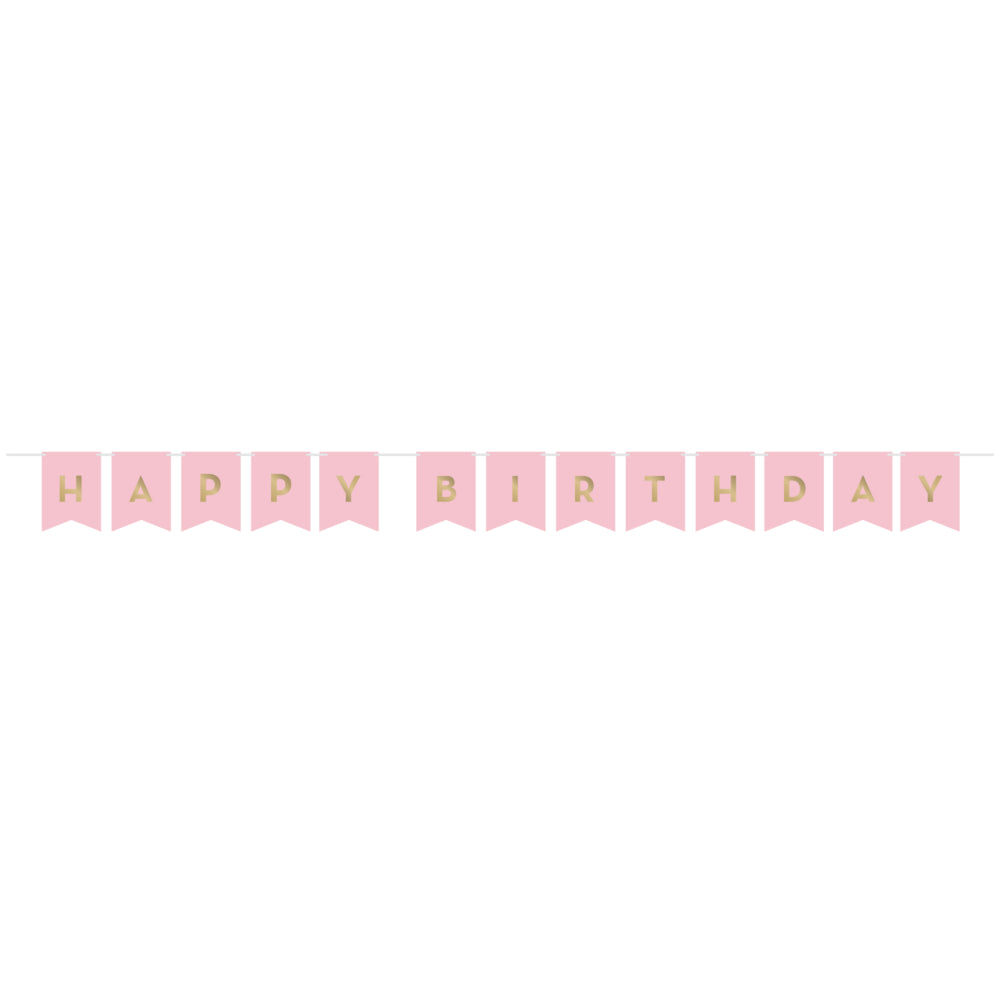 Banderín Fiesta Rosa Dorado x 1 UND con letras doradas que forman 'Happy Birthday', ideal para decoración de fiestas elegantes y temáticas.