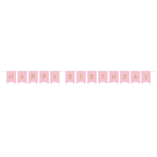 Banderín Fiesta Rosa Dorado x 1 UND con letras doradas que forman 'Happy Birthday', ideal para decoración de fiestas elegantes y temáticas.