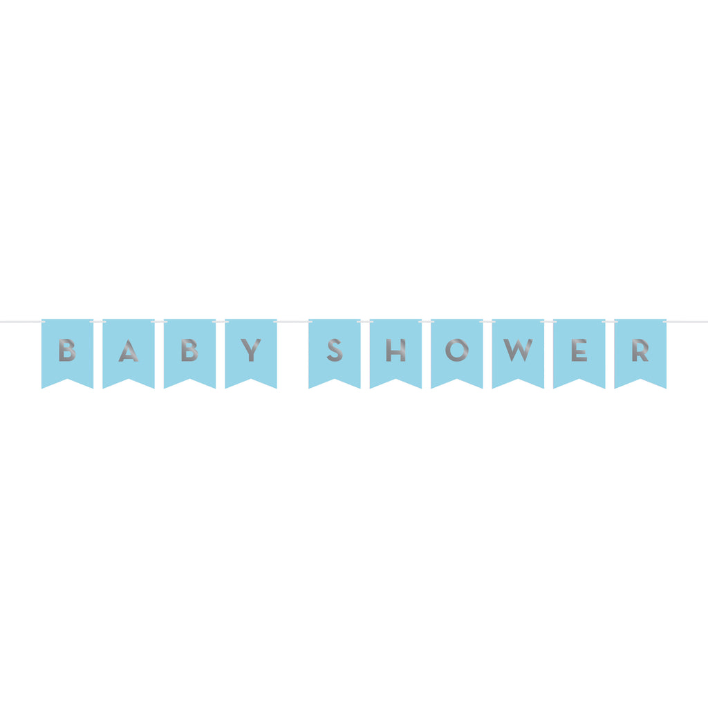 Guirnalda azul con letras plateadas 'Baby Shower' del Kit Baby Shower Niño ExpertiBox. Ideal para decoración temática de fiesta infantil.