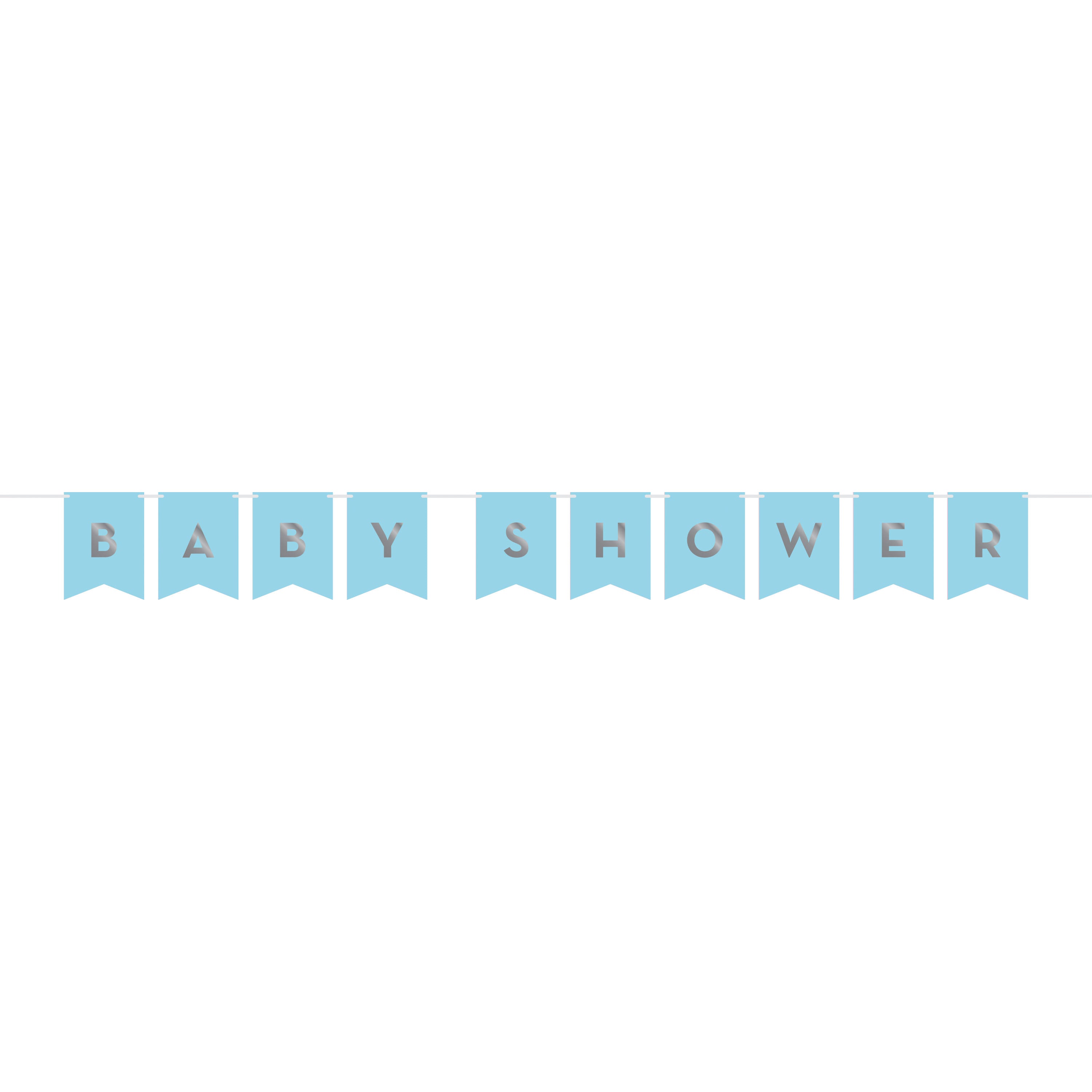 Guirnalda azul con letras plateadas 'Baby Shower' del Kit Baby Shower Niño ExpertiBox. Ideal para decoración temática de fiesta infantil.
