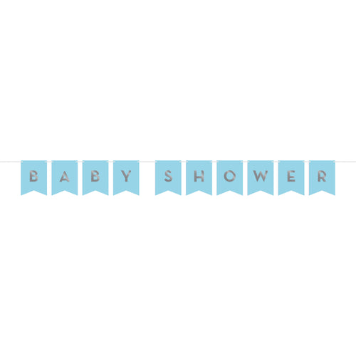 Guirnalda azul con letras plateadas 'Baby Shower' del Kit Baby Shower Niño ExpertiBox. Ideal para decoración temática de fiesta infantil.