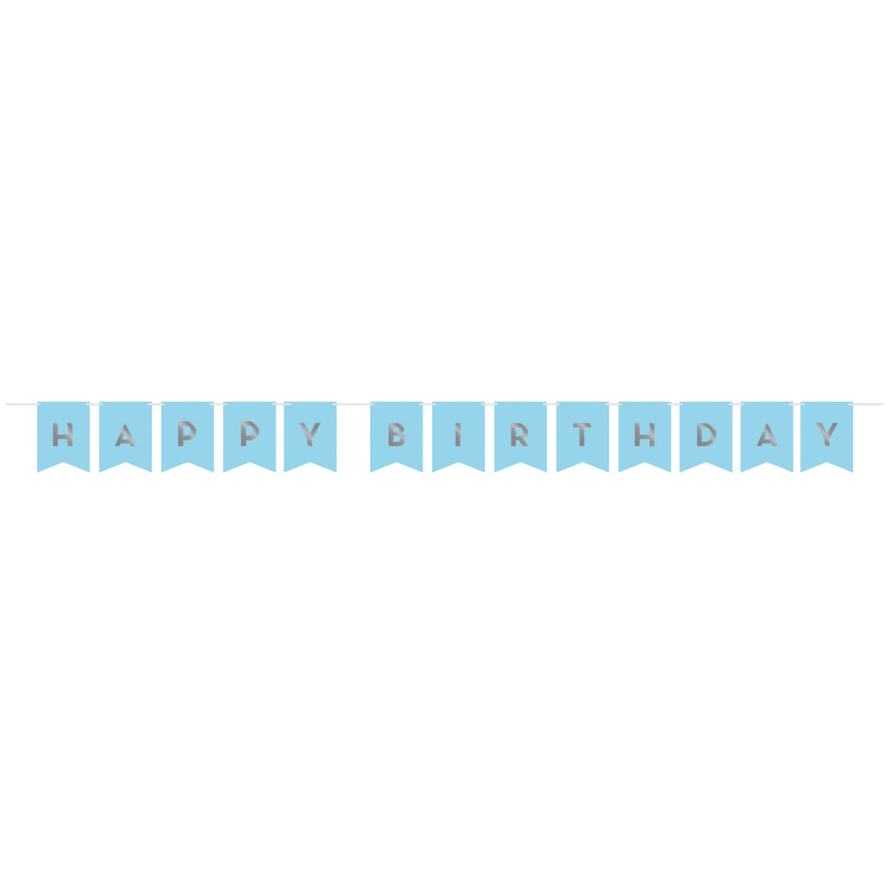 Banderín Fiesta Azul Plata x 1 UND con diseño de letras en foil plata, ideal para decorar celebraciones con temática azul y plata.