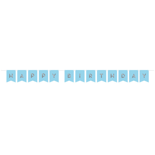 Banderín Fiesta Azul Plata x 1 UND con diseño de letras en foil plata, ideal para decorar celebraciones con temática azul y plata.