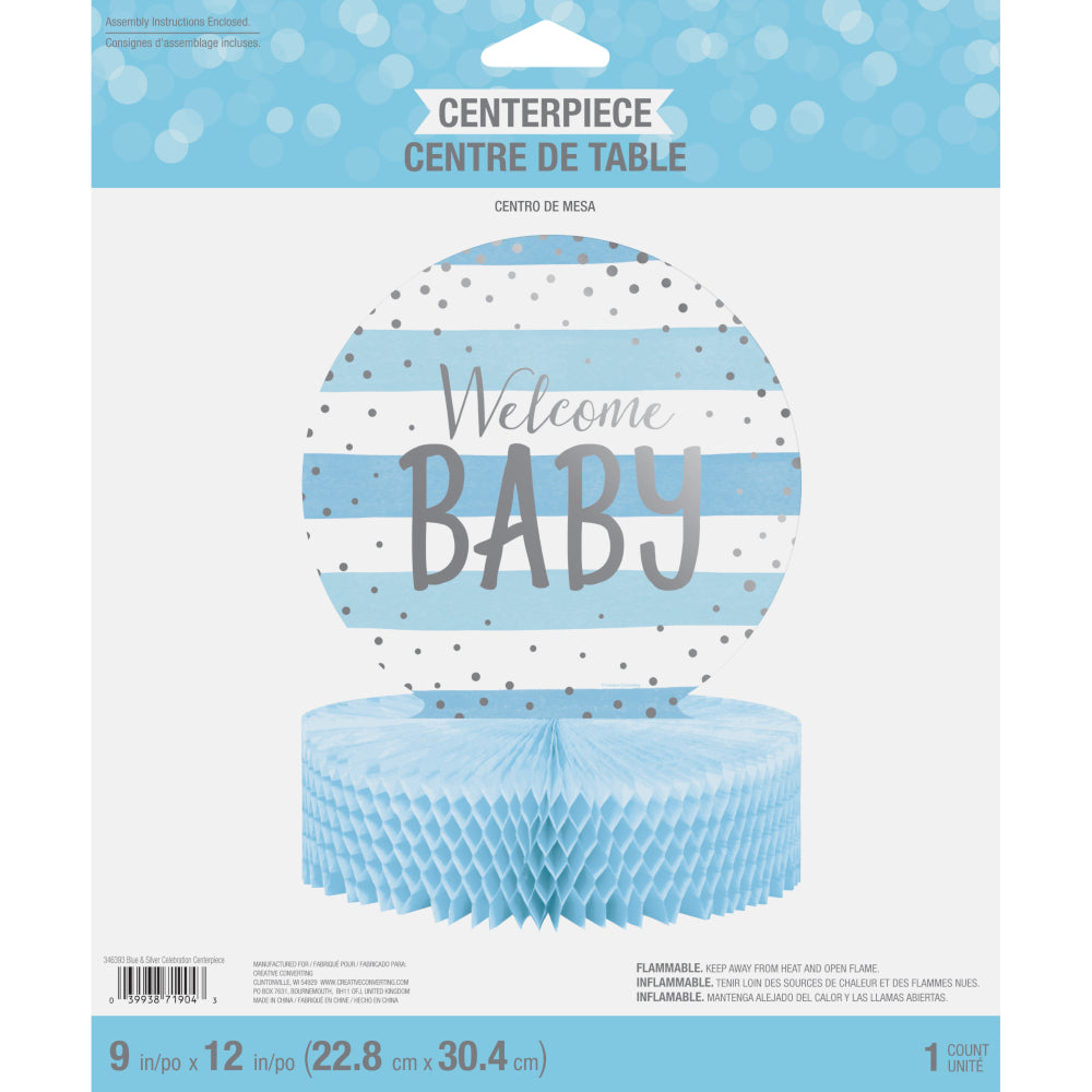Centro de mesa Welcome baby Niño Fiesta Azul Plata x 1 UND