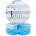 Centro de mesa azul con diseño 'Welcome Baby' del Kit Baby Shower Niño ExpertiBox. Ideal para decoración de fiestas temáticas azul y plata.