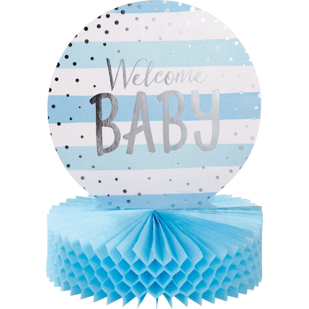 Centro de mesa azul con diseño 'Welcome Baby' del Kit Baby Shower Niño ExpertiBox. Ideal para decoración de fiestas temáticas azul y plata.
