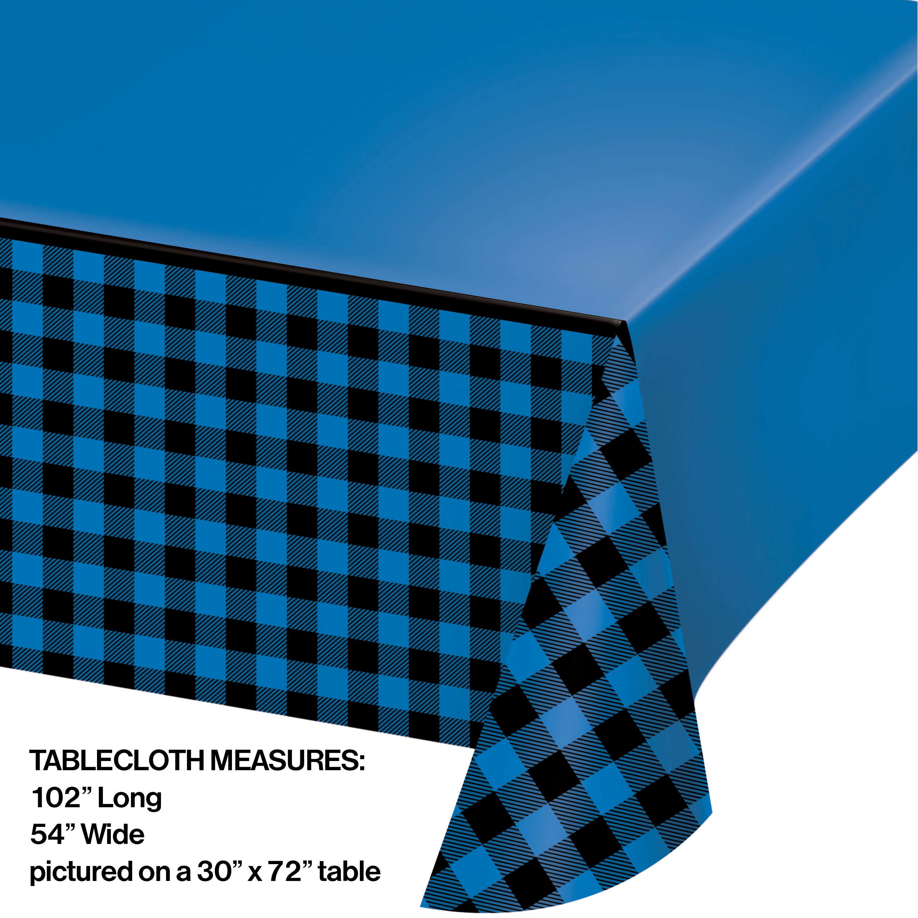Mantel Escocés Azul y Negro de papel con diseño de cuadros clásicos. Ideal para fiestas, picnics y reuniones elegantes. Medidas: 102'' x 54''.