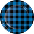 Plato redondo con diseño de cuadros escoceses en azul y negro, tamaño 17.7 cm, ideal para fiestas y eventos. Paquete de 8 unidades.