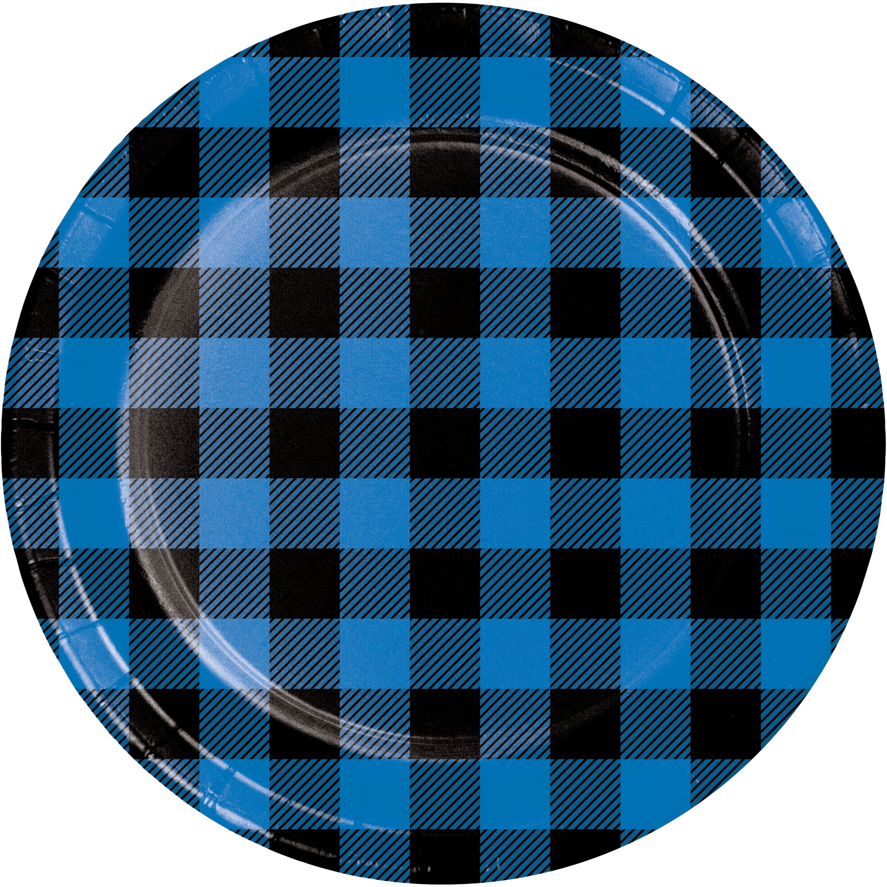 Plato redondo con diseño de cuadros escoceses en azul y negro, tamaño 17.7 cm, ideal para fiestas y eventos. Paquete de 8 unidades.