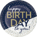 Plato pequeño del Kit Fiesta Lujo para cumpleaños adulto, diseño azul marino con texto 'Happy Birthday to you!' en dorado y blanco marmoleado.