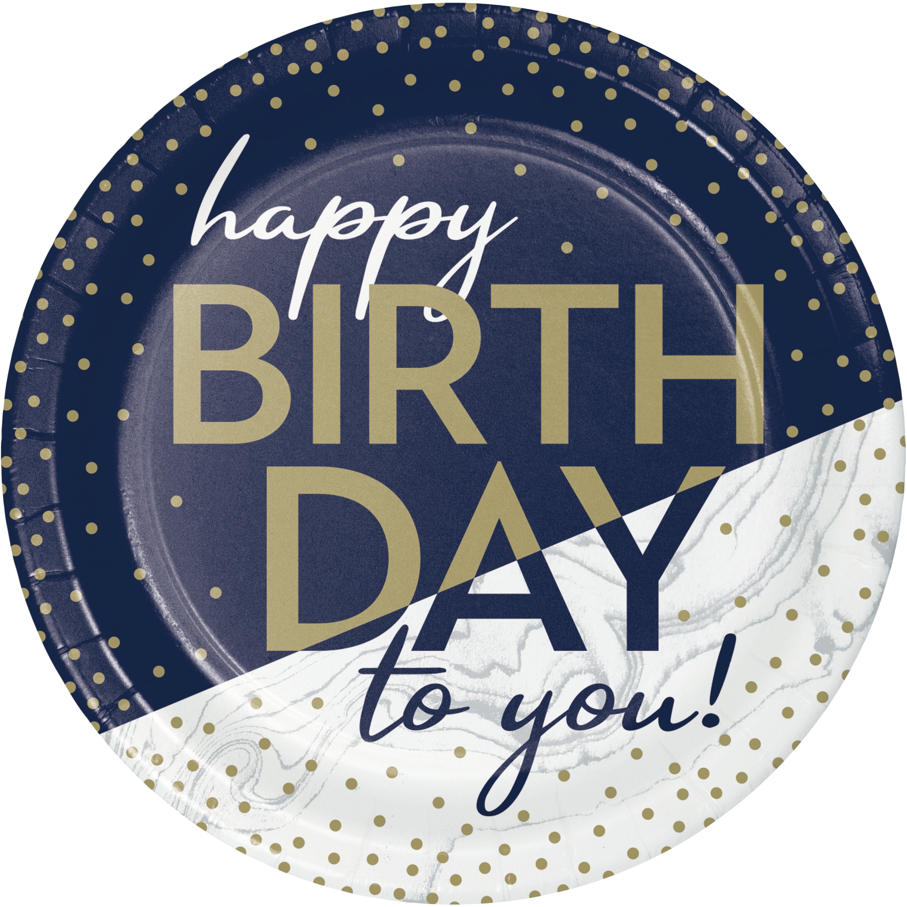 Plato pequeño del Kit Fiesta Lujo para cumpleaños adulto, diseño azul marino con texto 'Happy Birthday to you!' en dorado y blanco marmoleado.