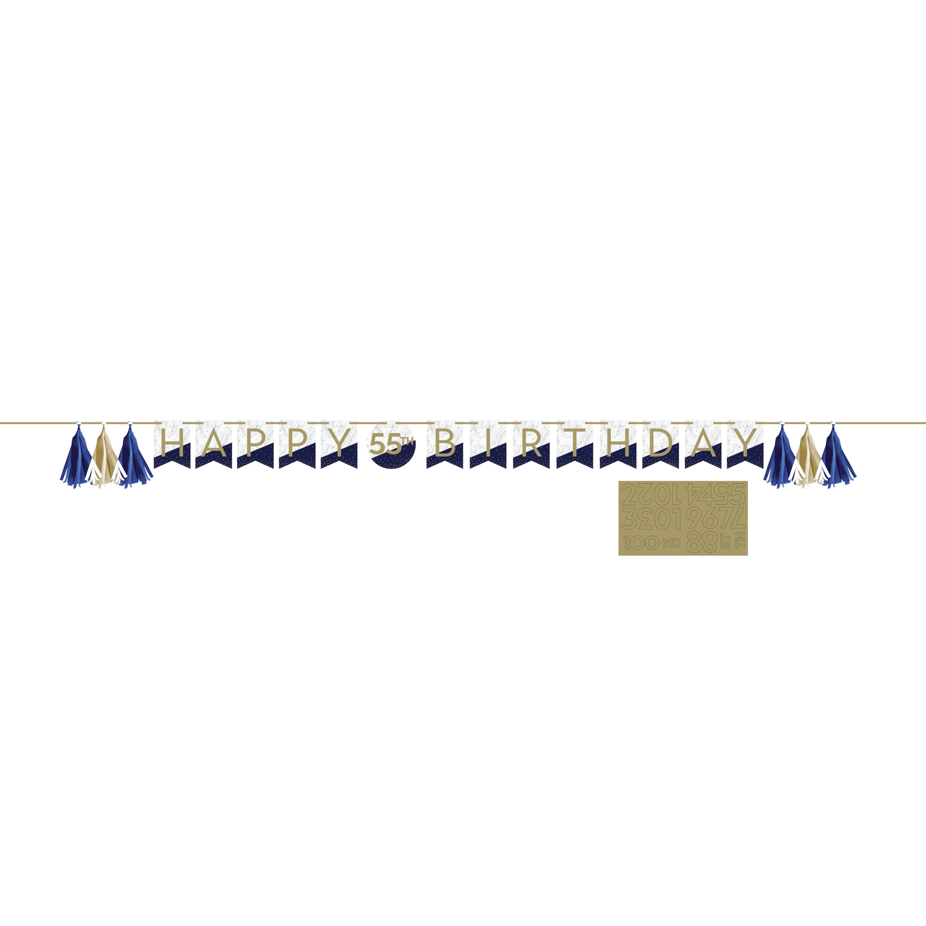 Banderín personalizable del Kit Fiesta Lujo para cumpleaños adulto, diseño azul marino y dorado con texto 'Happy Birthday' y detalles decorativos.