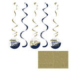 Espirales decorativos del Kit Fiesta Lujo para cumpleaños adulto, diseño azul y dorado con colgantes de 'Happy Birthday' y número personalizable.