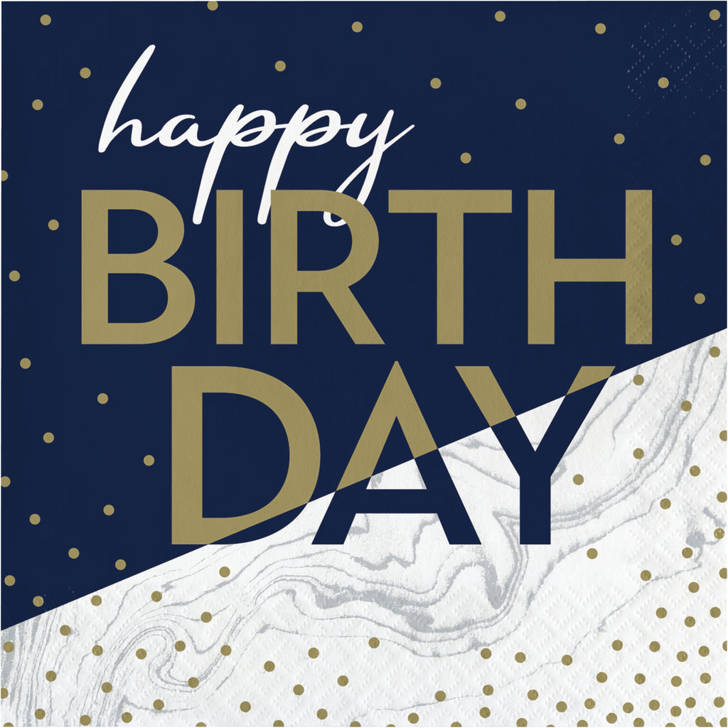 Servilleta del Kit Fiesta Lujo para cumpleaños adulto, diseño azul marino con puntos dorados y texto 'Happy Birthday' en dorado y blanco marmoleado.