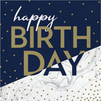 Servilleta del Kit Fiesta Lujo para cumpleaños adulto, diseño azul marino con puntos dorados y texto 'Happy Birthday' en dorado y blanco marmoleado.