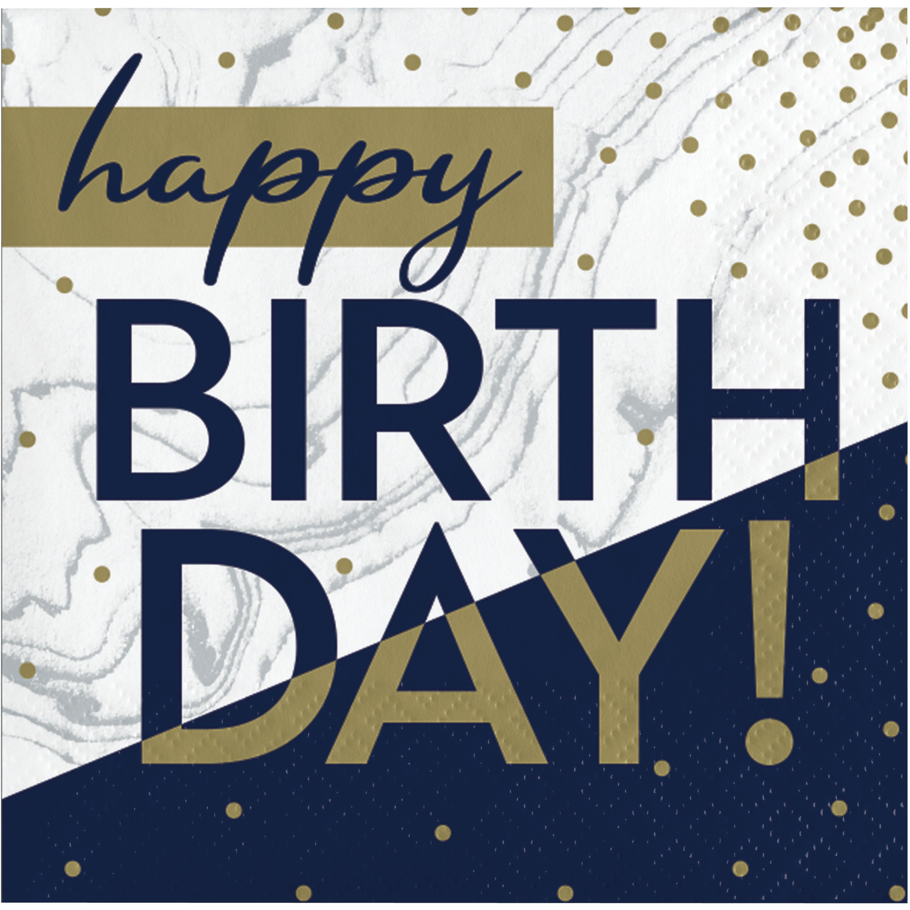 Servilleta pequeña Lujo y brillo x 16 UND con diseño Happy Birthday en azul y dorado, efecto mármol y puntos dorados. Ideal para celebraciones elegantes.