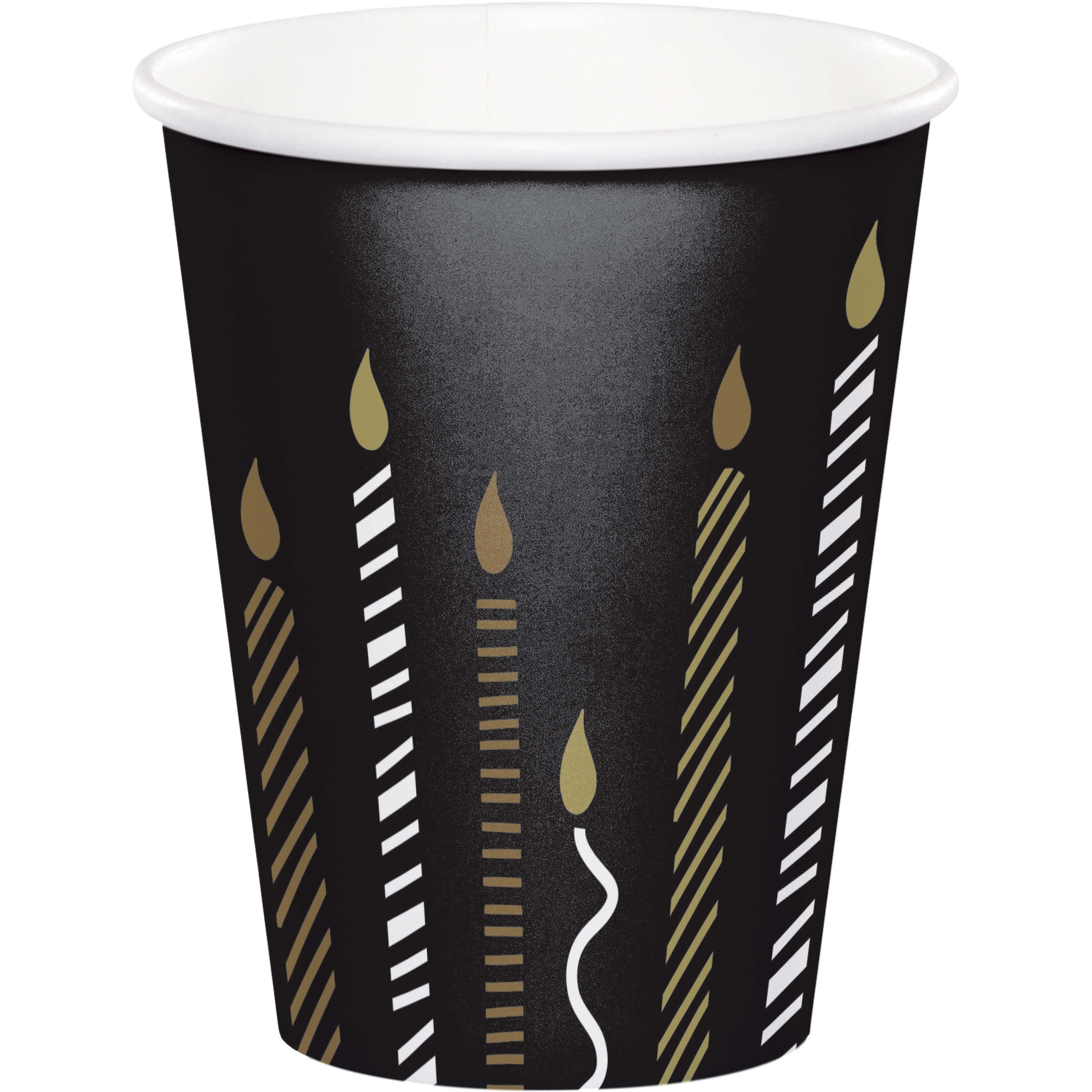 Vasos Golden Wishes 9oz velas doradas plateadas fondo negro x8 | Cumpleaños adulto Colombia