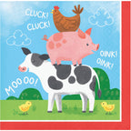 Servilleta pequeña con diseño de Animales de la granja, incluye vaca, cerdo y gallina apilados, con pollitos y nubes en fondo azul. Ideal para cumpleaños infantil.