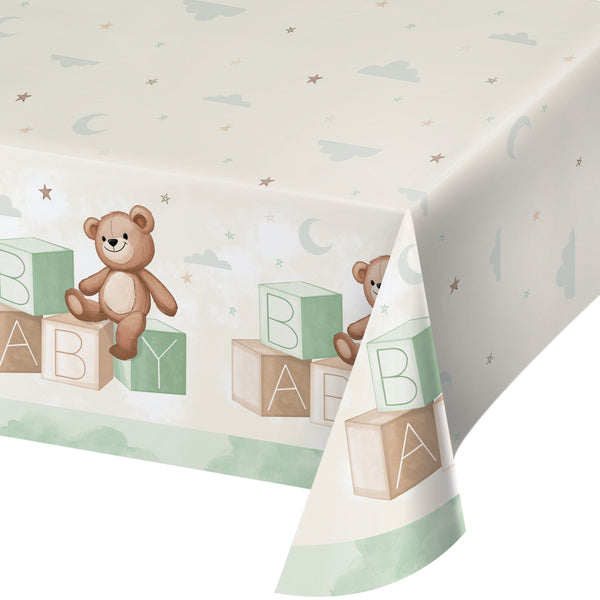 Mantel Oso Teddy para baby shower, diseño exclusivo con bloques de letras y osito en tonos pastel. Papel ecológico, tamaño 137x259cm.