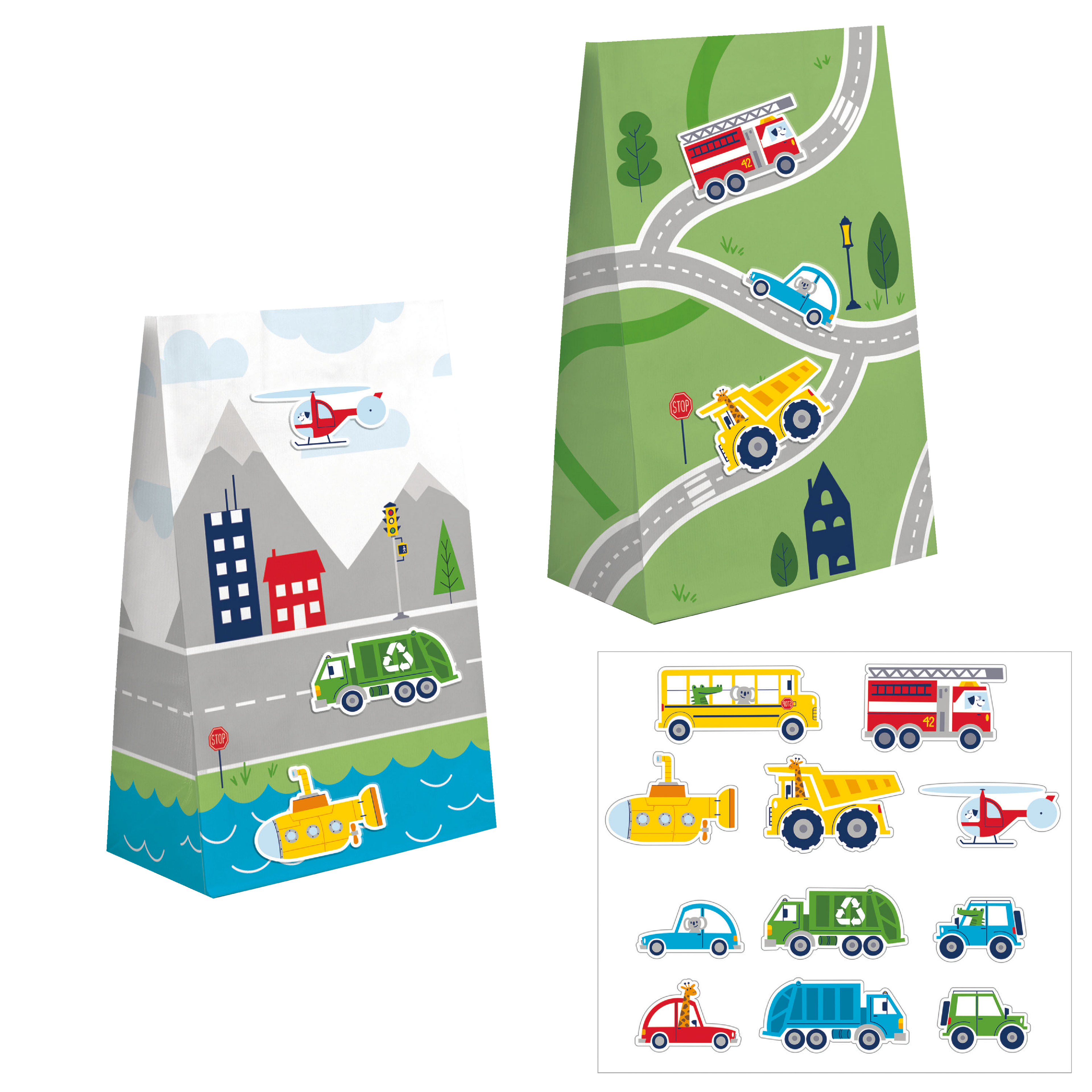 bolsas de sorpresas para fiestas infantiles de niño con stickers de carritos camiones helicoptero submarino