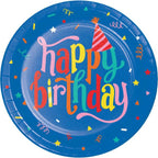 Plato para fiesta Make a wish de 22.2cm con diseño Happy Birthday en colores vibrantes y confeti. Paquete de 8 platos ideales para cumpleaños.