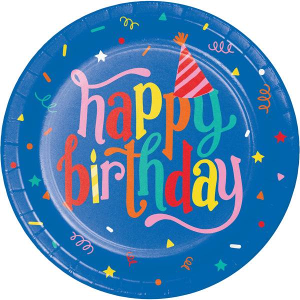 Plato para fiesta Make a wish de 22.2cm con diseño Happy Birthday en colores vibrantes y confeti. Paquete de 8 platos ideales para cumpleaños.