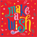 Servilleta grande Make a Wish con diseño festivo de serpentinas, confeti y texto colorido sobre fondo rojo. Perfecta para fiestas, paquete de 8 unidades.