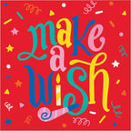 Servilleta grande Make a Wish con diseño festivo de serpentinas, confeti y texto colorido sobre fondo rojo. Perfecta para fiestas, paquete de 8 unidades.