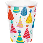 Vasos 9onz cumpleaños con diseño de sombreros festivos coloridos. Paquete de 8 unidades, ideales para bebidas frías o calientes en fiestas.