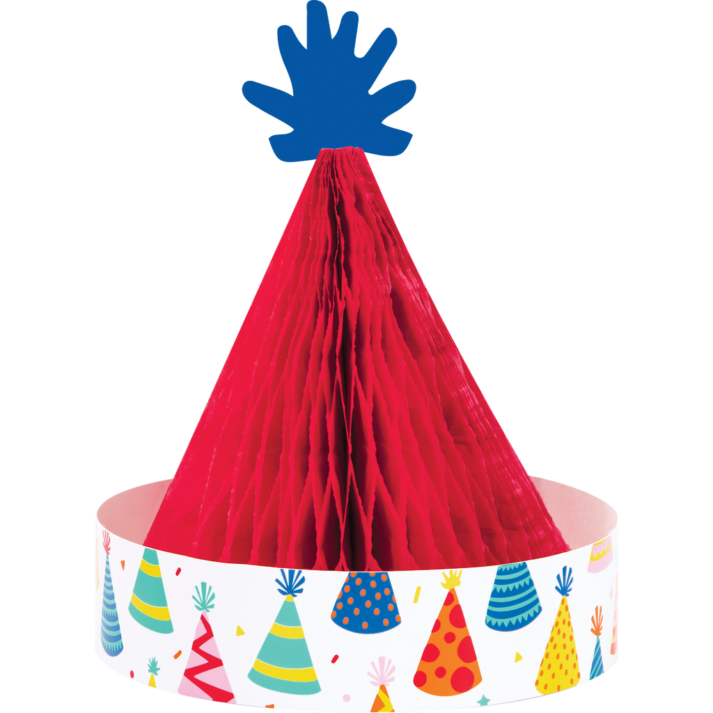 Centro de mesa gorro de cumpleaños Make a Wish con diseño retro en papel de panal rojo y base decorada con sombreros de fiesta coloridos.