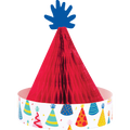 Centro de mesa gorro de cumpleaños Make a Wish con diseño retro en papel de panal rojo y base decorada con sombreros de fiesta coloridos.