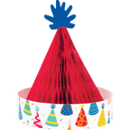 Centro de mesa gorro de cumpleaños Make a Wish con diseño retro en papel de panal rojo y base decorada con sombreros de fiesta coloridos.