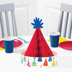 Centro de mesa gorro de cumpleaños Make a Wish con diseño retro en colores vivos, ideal como decoración para fiestas de adultos nostálgicas.