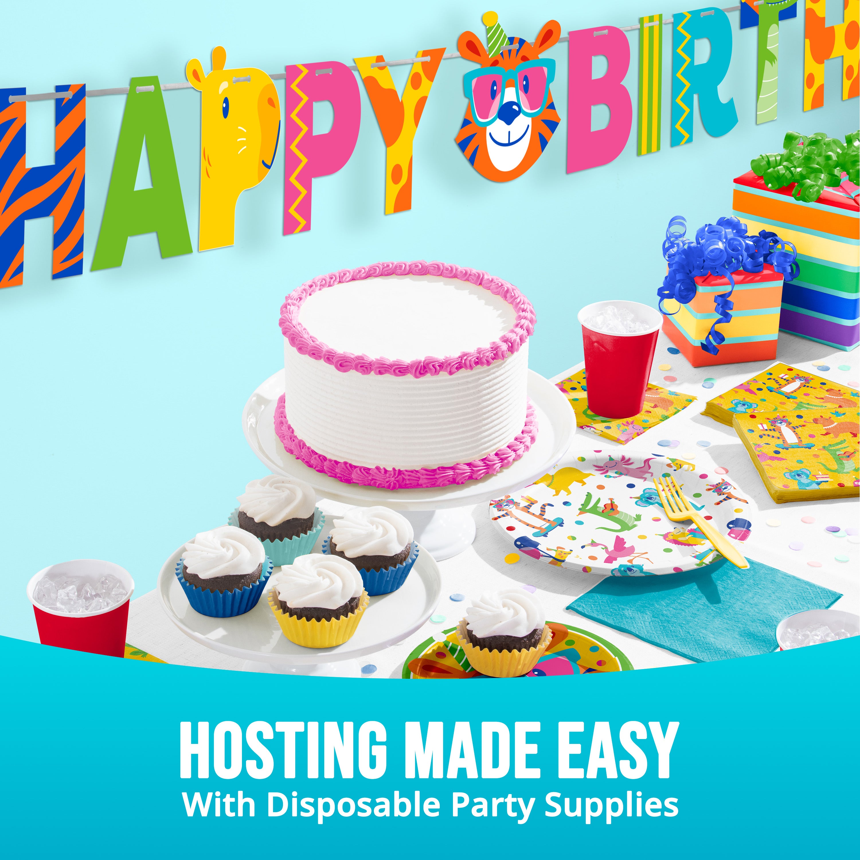 Banderín Happy Birthday Party Animals tigre koala capibara multicolor cumpleaños infantil