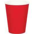 Vaso desechable rojo de cartón 9 oz, ecológico e ideal para bebidas calientes o frías en eventos y fiestas. Pack de 8 unidades unicolor.