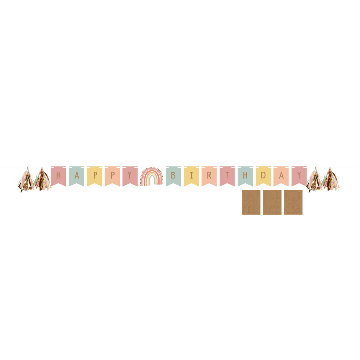 Guirnalda 'Happy Birthday' con diseño de arcoiris boho en tonos pastel, incluida en el Kit Fiesta Arcoiris 1er Cumpleaños. Ideal para celebraciones.