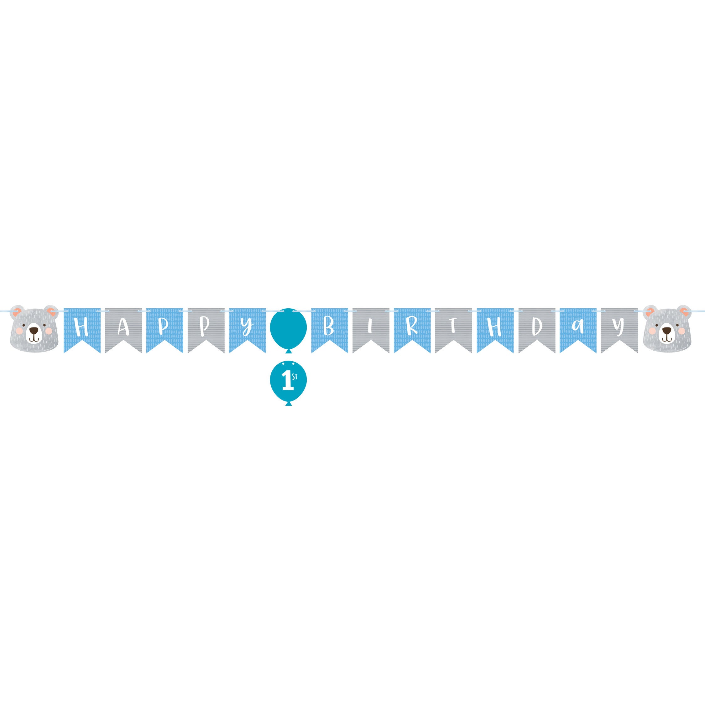 Banderín de cumpleaños con texto 'Happy Birthday' y detalles de osos polares, perfecto para decorar fiestas de 1 año.