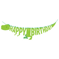 Guirnalda de cumpleaños con diseño de dinosaurio verde y texto 'Happy Birthday', ideal para decoración temática.