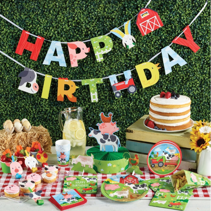 kit con vajilla y decoración de fiesta de la granja para cumpleaños infantil